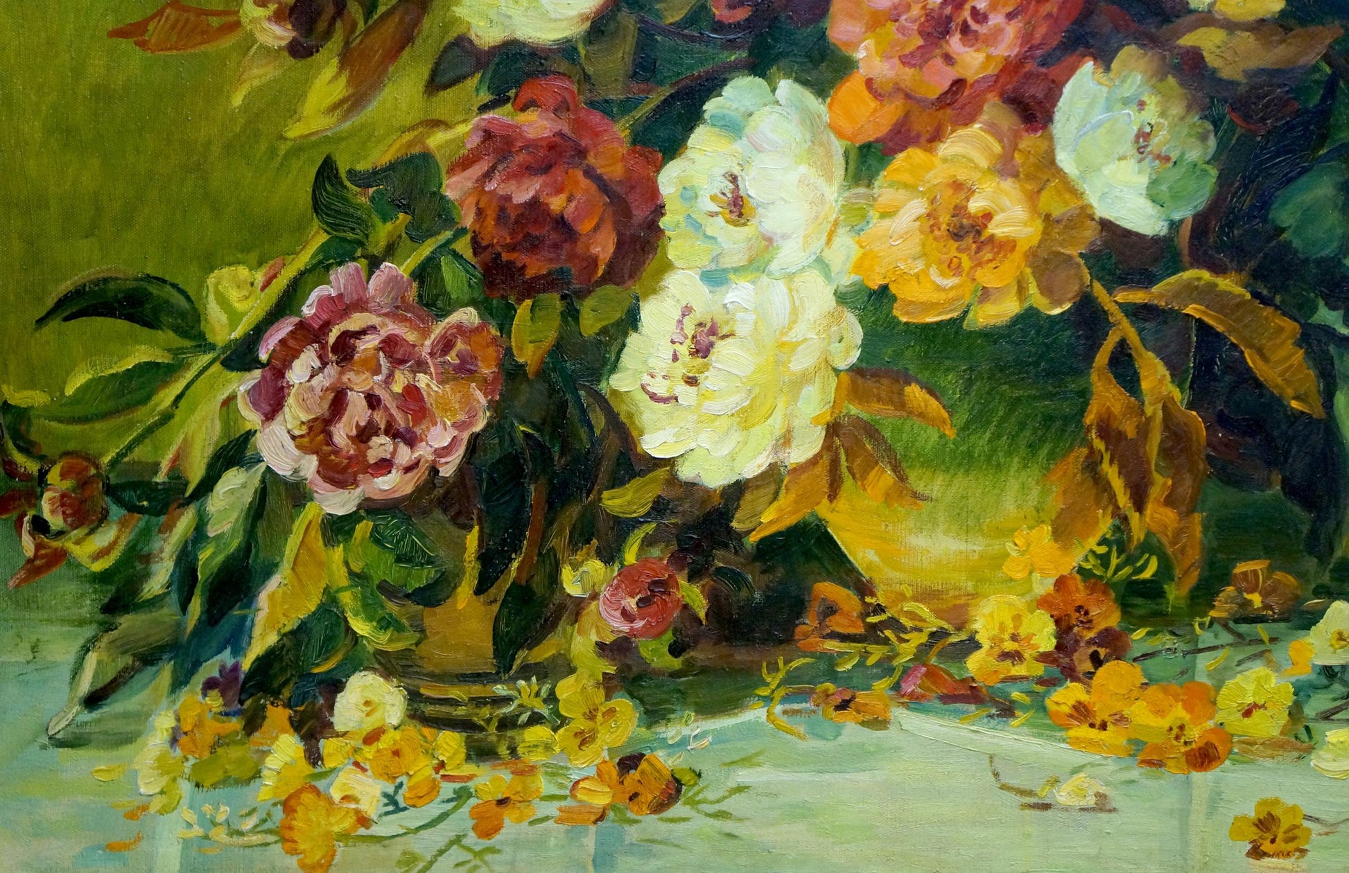 Oil painting Flowers Zorya by Galina Denisovna: peonies, pansies in yellow vase