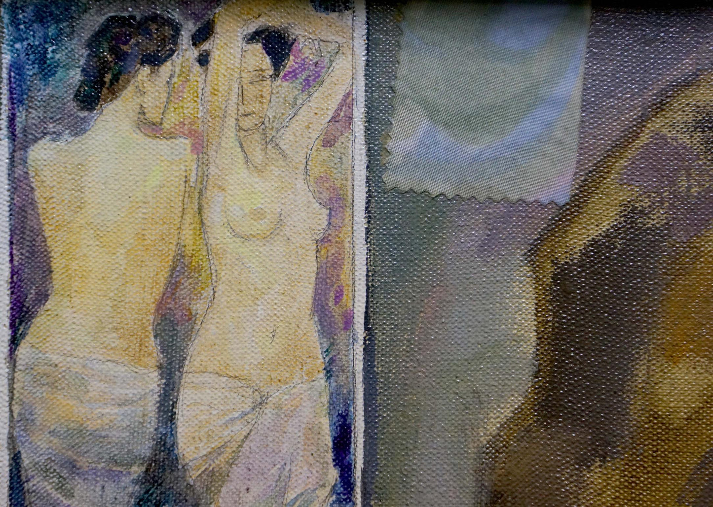 Textured figure portrait painting of two girls by Belyak P. V. in yellow purple tones