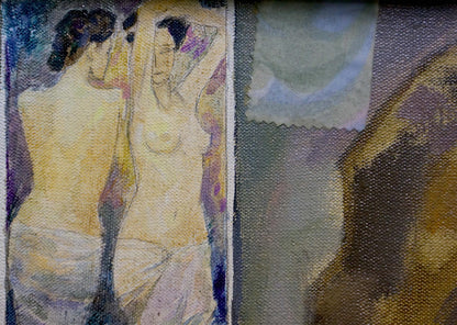 Textured figure portrait painting of two girls by Belyak P. V. in yellow purple tones