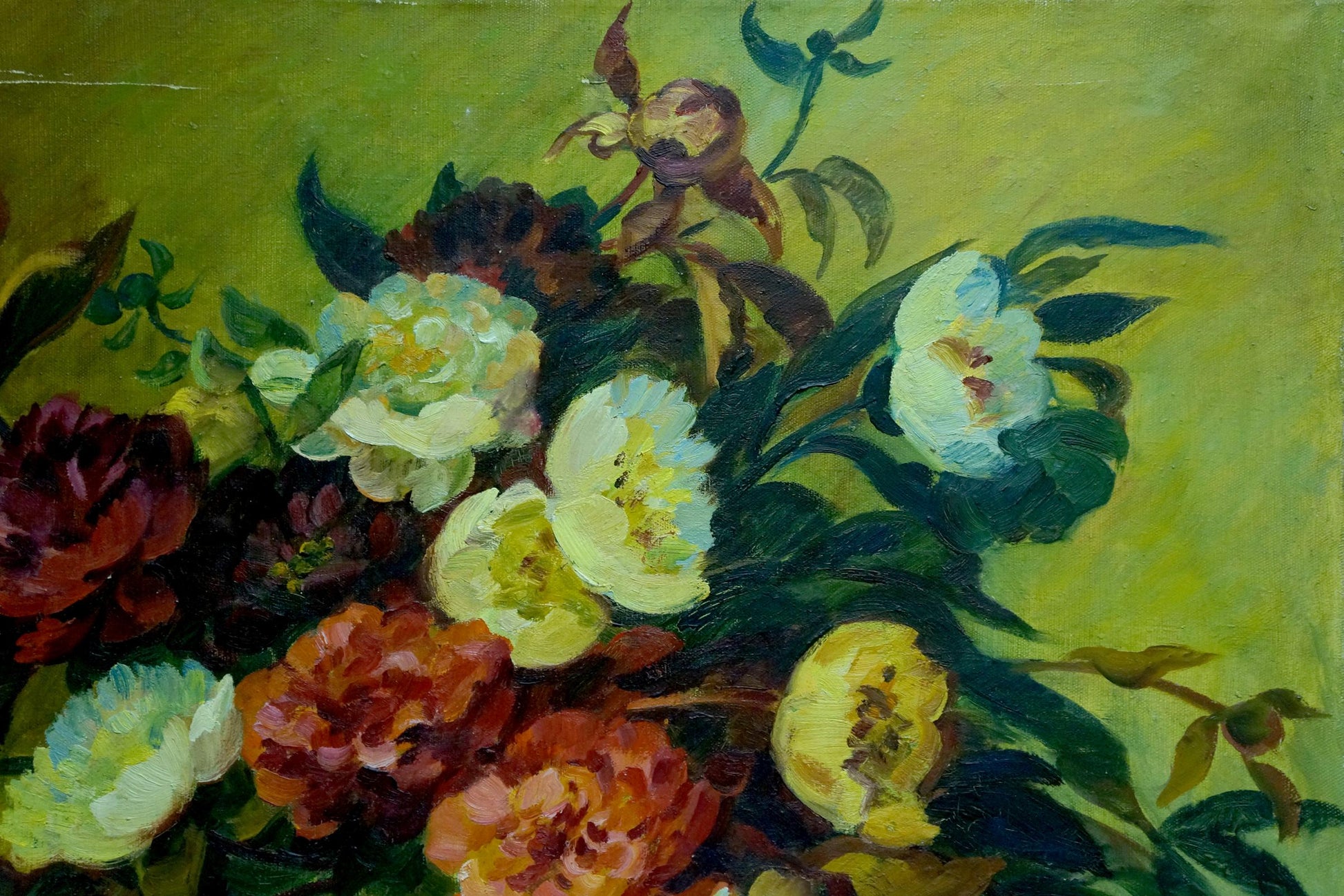 Oil painting Flowers Zorya by Galina Denisovna, vibrant peony bouquet