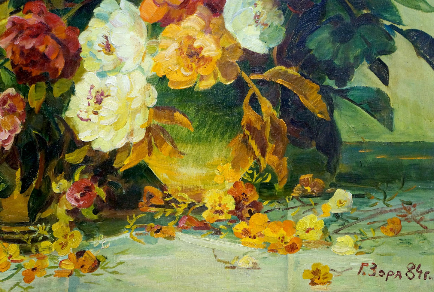 Oil painting Flowers Zorya by Galina Denisovna, vibrant peonies bouquet