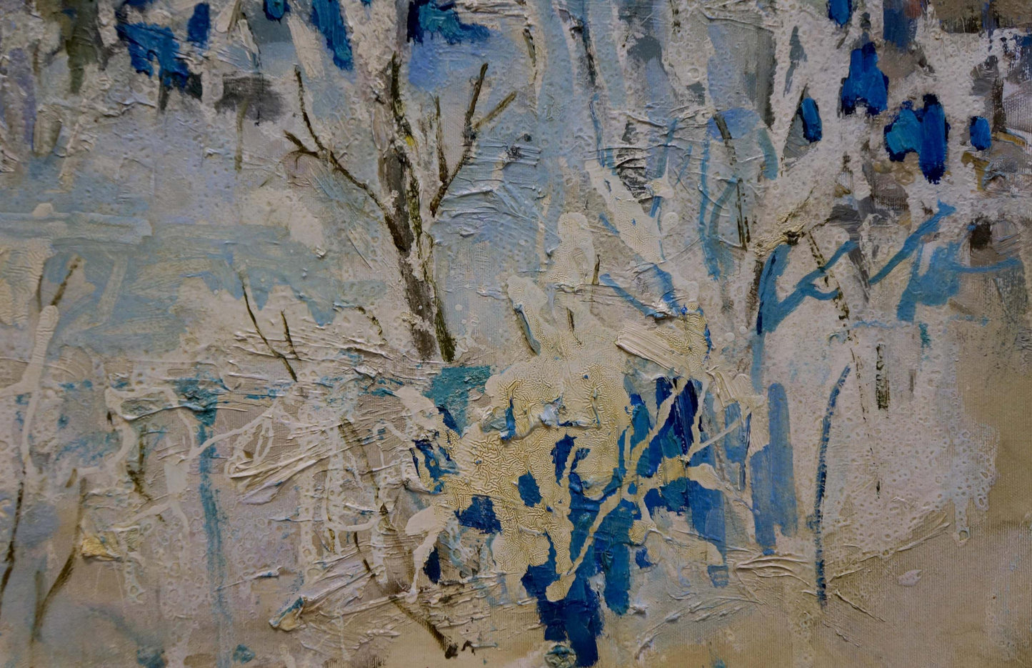 Oil painting by Semykina Lyudmila Nikolaevna: city landscape with bold blue strokes on creamy canvas