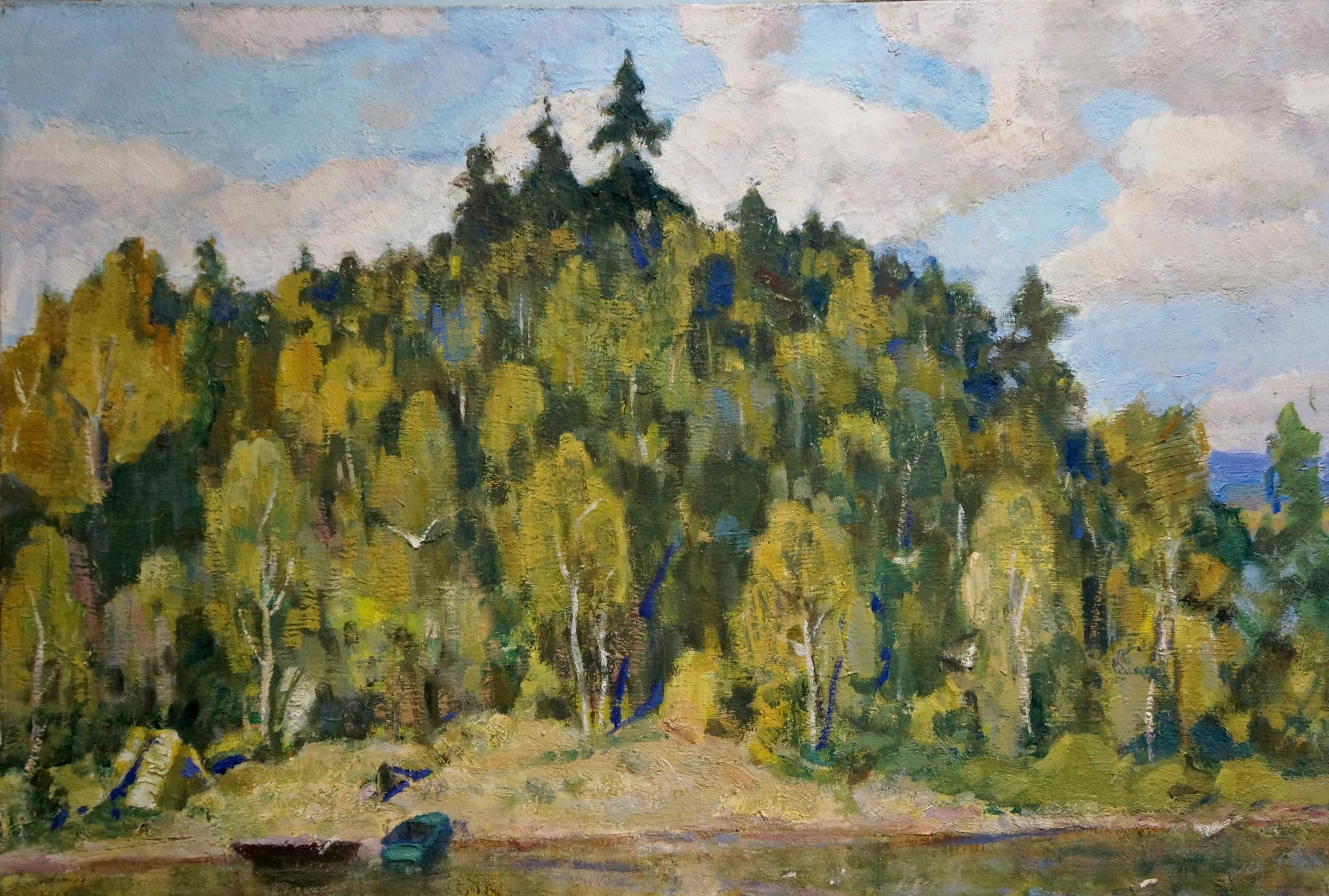 Vibrant impressionist oil painting by Nesterenko Boris Grigorievich of forested autumn hillside