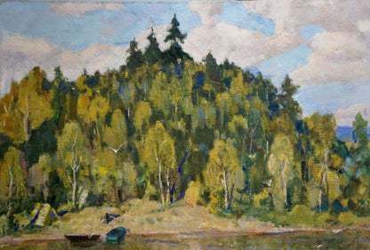 Vibrant impressionist oil painting by Nesterenko Boris Grigorievich of forested autumn hillside