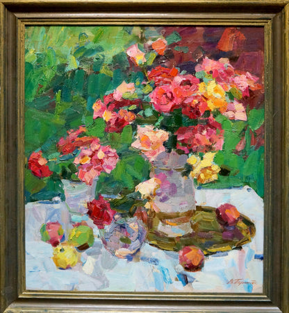 Vibrant impressionist oil painting of roses, Trojans and fruits by Viacheslav Pereta