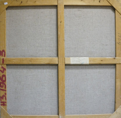 Back of framed Oil painting Near the shore by Nesterenko Boris Grigorievich with light wood stretcher bars and gray fabric backing