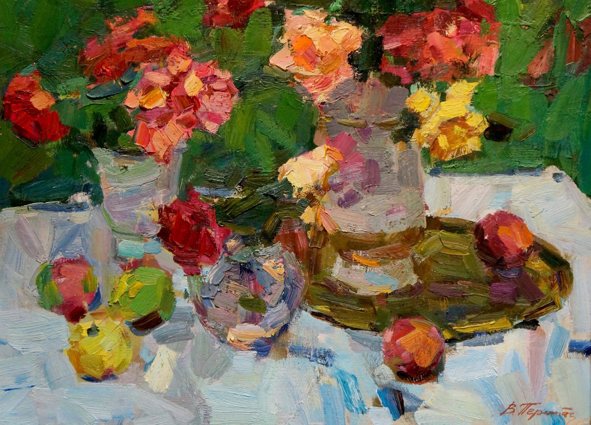 Oil painting Trojans and fruits Viacheslav Pereta: vibrant red pink yellow flowers in glass vase