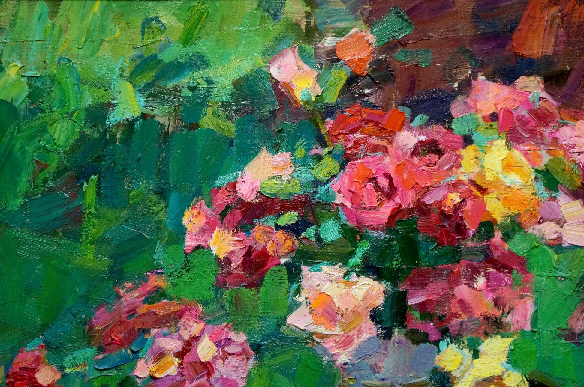 Vibrant pink yellow roses Trojan fruits oil painting by Viacheslav Pereta