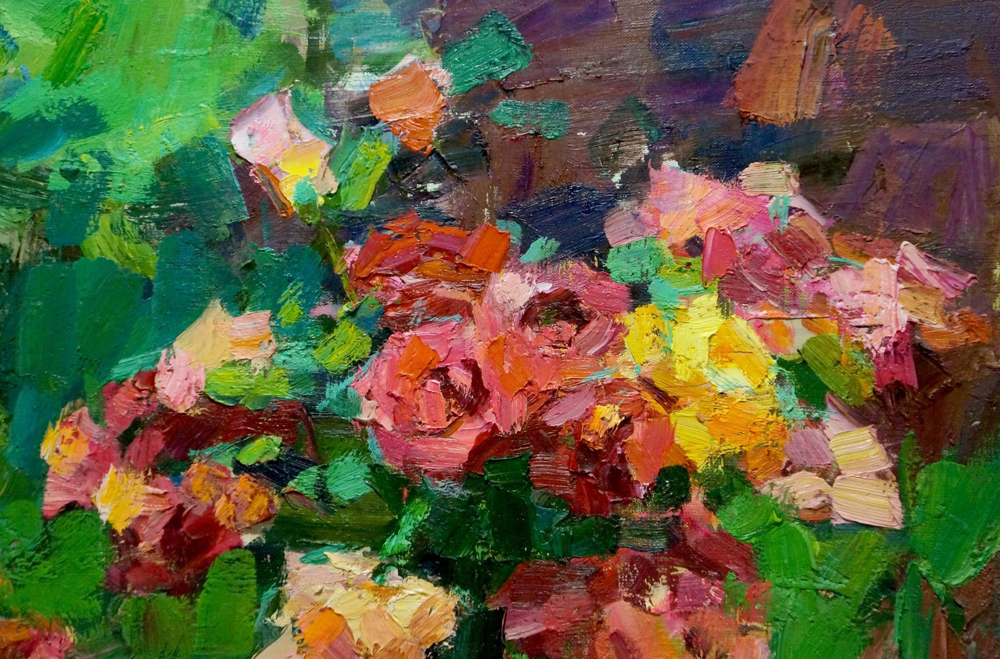 Vibrant impressionist oil painting of roses, Trojans and fruits by Viacheslav Pereta