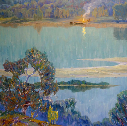 Serene impressionistic oil painting by Zlyden Yuri Fedorovich of tranquil autumn lake