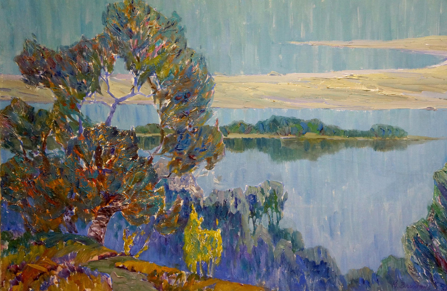 Vibrant impressionist oil painting by Zlyden Yuri Fedorovich: windswept tree by lake