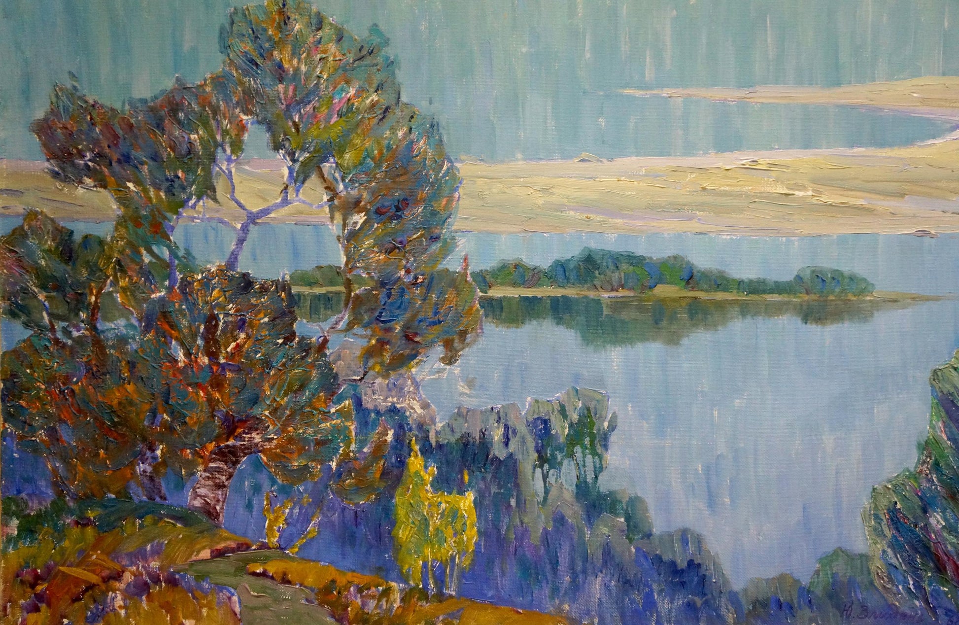 Vibrant impressionist oil painting by Zlyden Yuri Fedorovich: windswept tree by lake