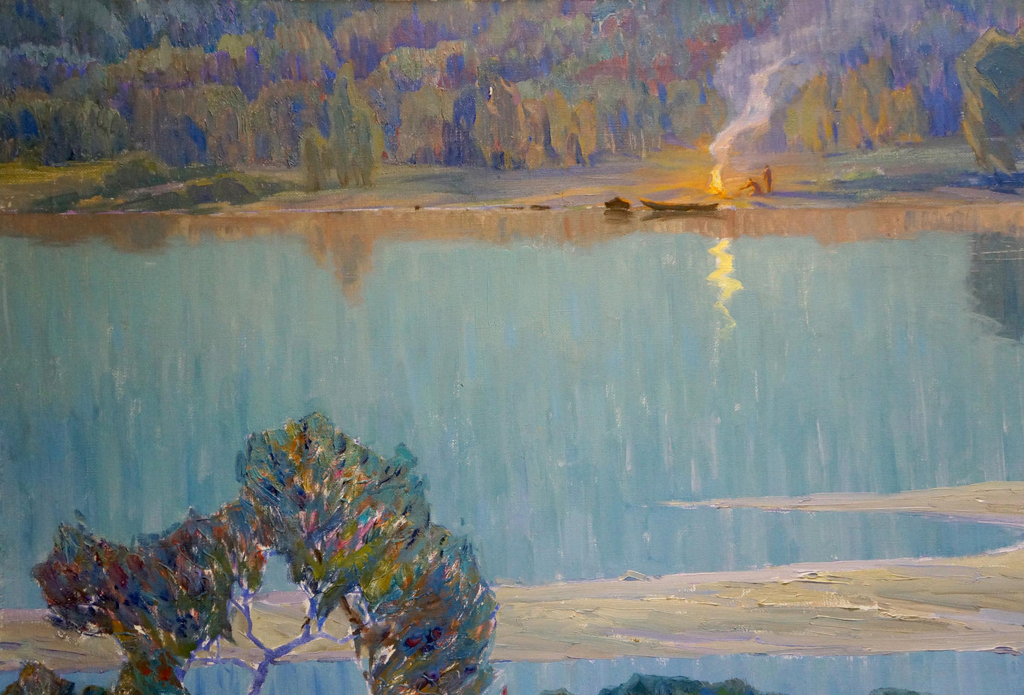 Serene impressionistic oil painting by Zlyden Yuri Fedorovich of tranquil lake