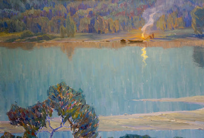 Serene impressionistic oil painting by Zlyden Yuri Fedorovich of tranquil lake