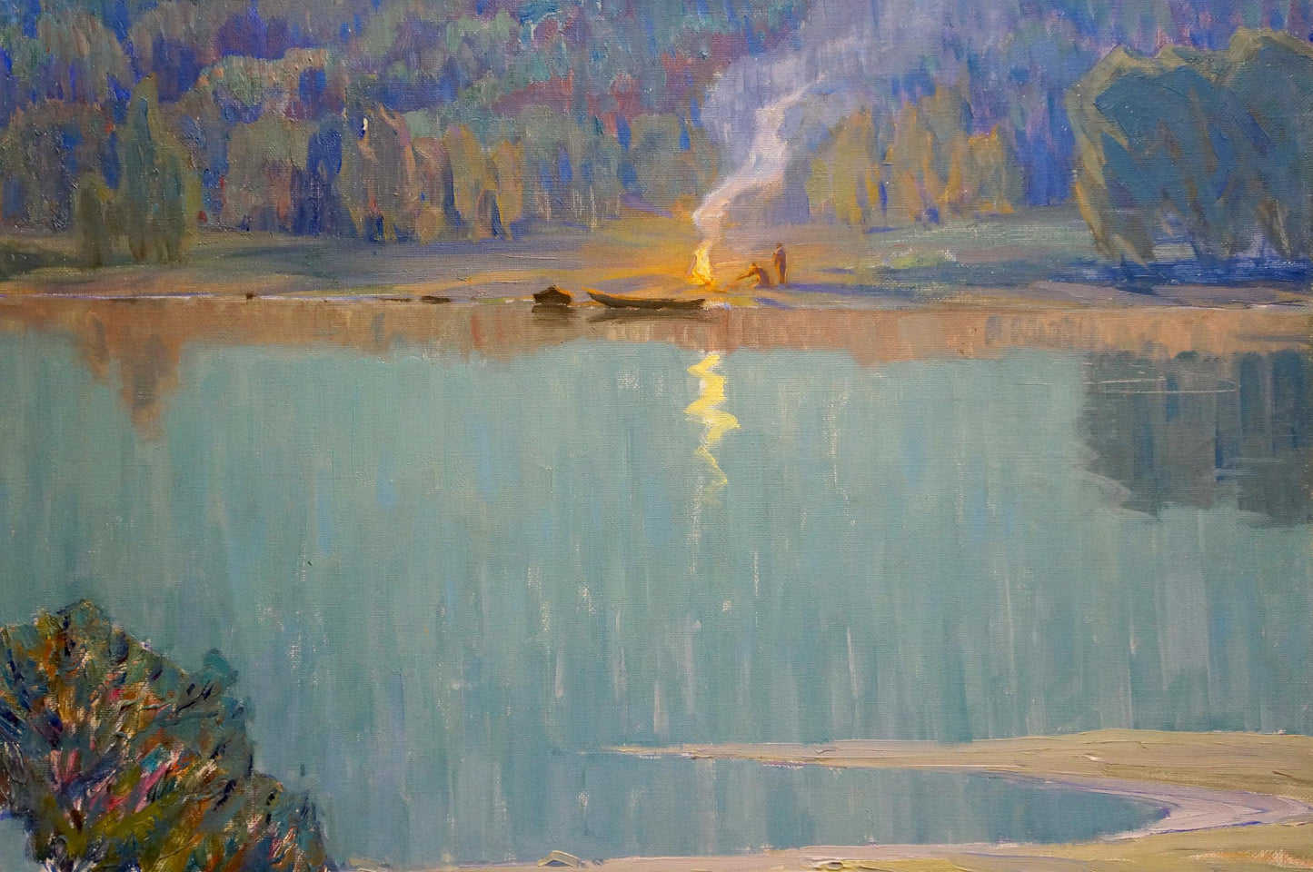 Serene impressionistic oil painting by Zlyden Yuri Fedorovich of tranquil lake