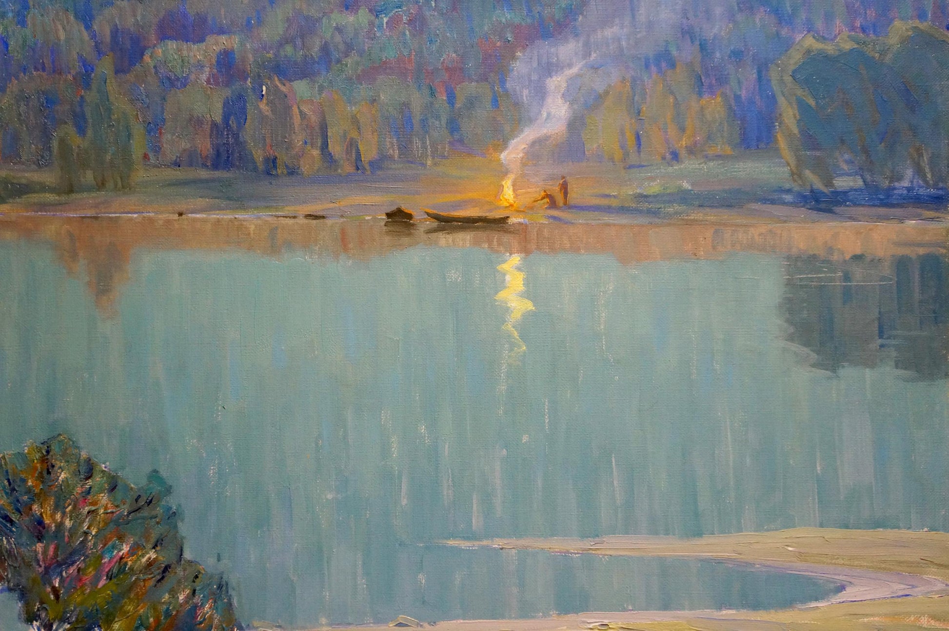 Serene impressionistic oil painting by Zlyden Yuri Fedorovich of tranquil lake