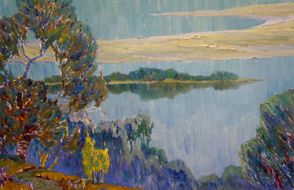 Vibrant impressionist oil painting by Zlyden Yuri Fedorovich: serene lake scene