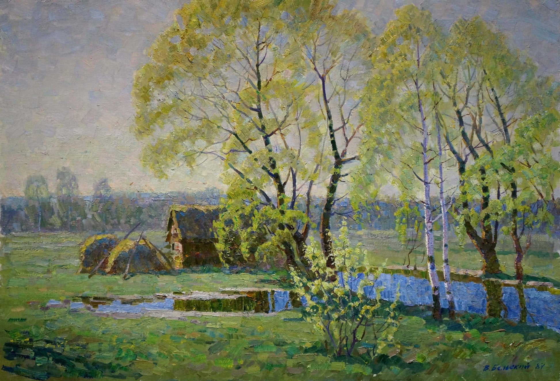 Serene impressionistic oil painting by Belsky Vladimir Mikhailovich: rustic cabin by river