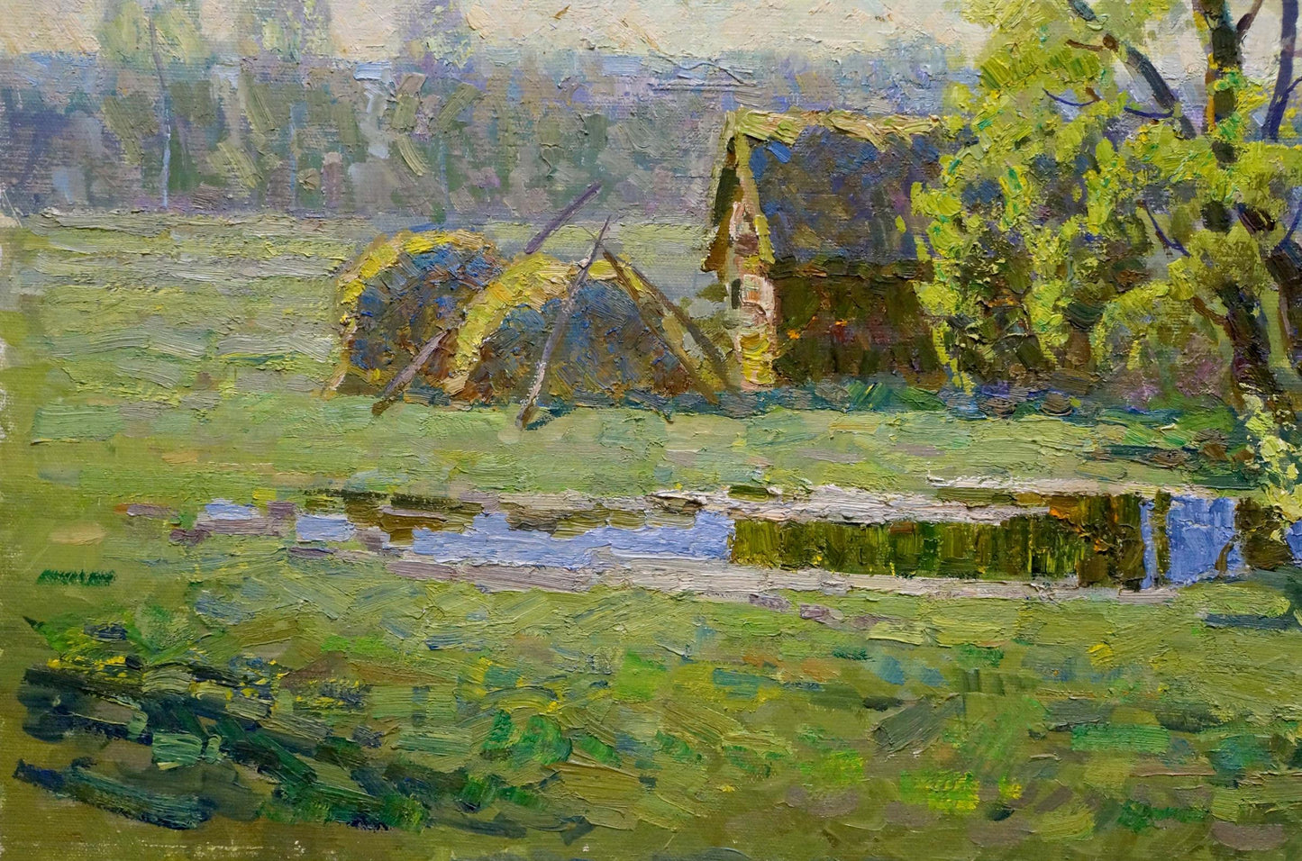 Oil painting In April by Belsky Vladimir Mikhailovich: rustic thatched cottage by pond
