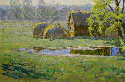 Oil painting In April by Belsky Vladimir Mikhailovich: rustic thatched cottage by pond