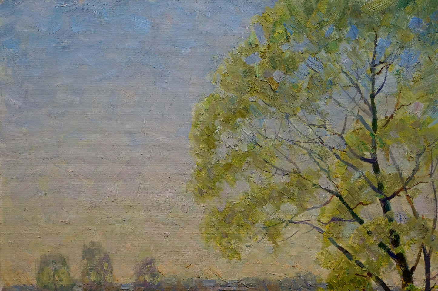 Oil painting In April by Belsky Vladimir Mikhailovich, green tree on blue sky
