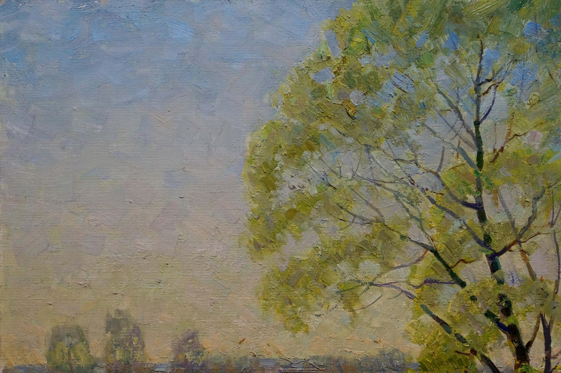 Oil painting In April by Belsky Vladimir Mikhailovich, green tree on blue sky