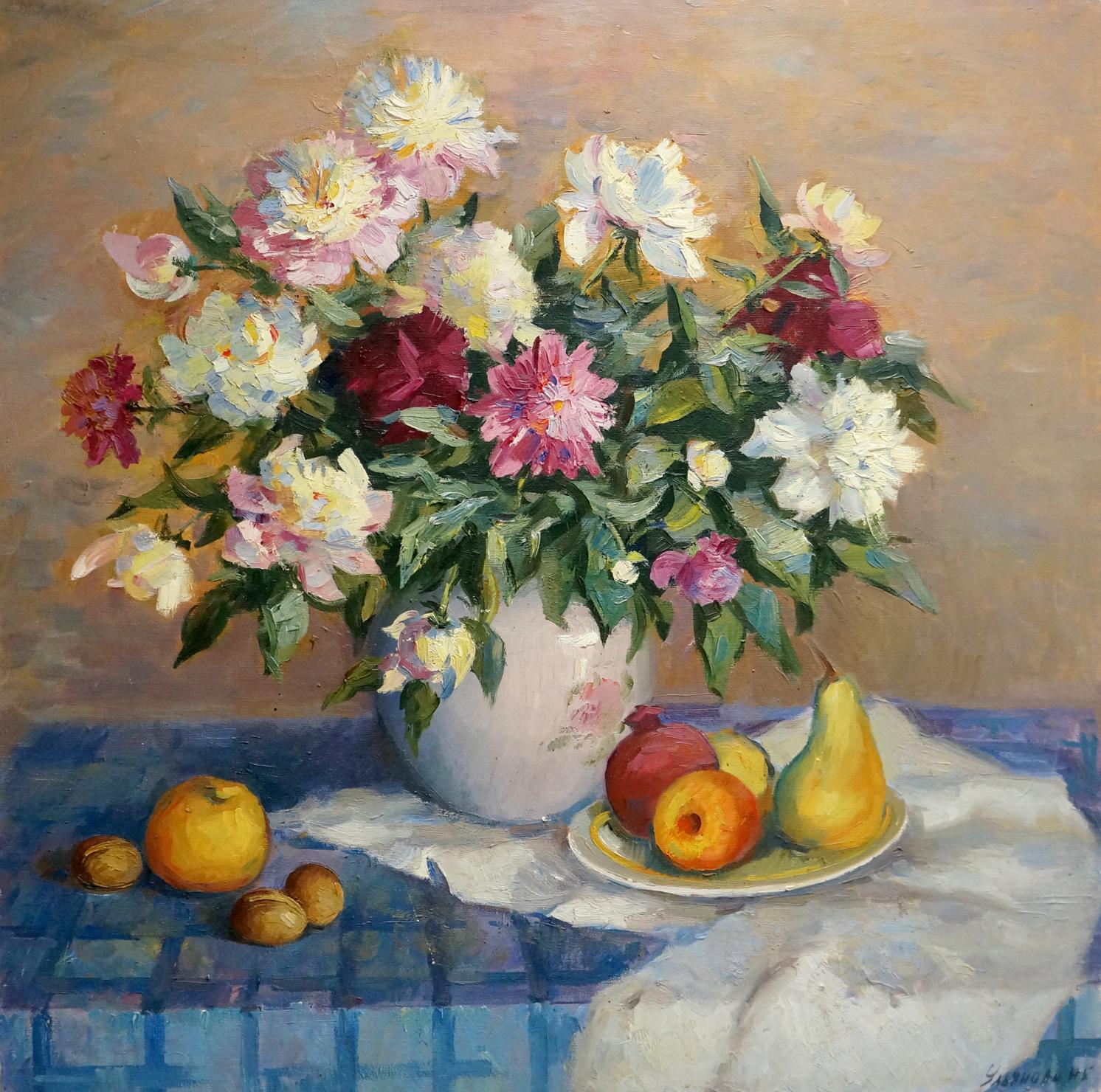 Oil painting of lush peonies in pinks, whites, magentas by Ulyanova N. B