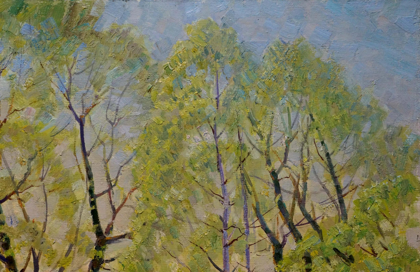 Oil painting In April by Belsky Vladimir Mikhailovich, tall green trees