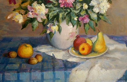 Oil painting Still life Ulyanova N. B. with pink peony vase