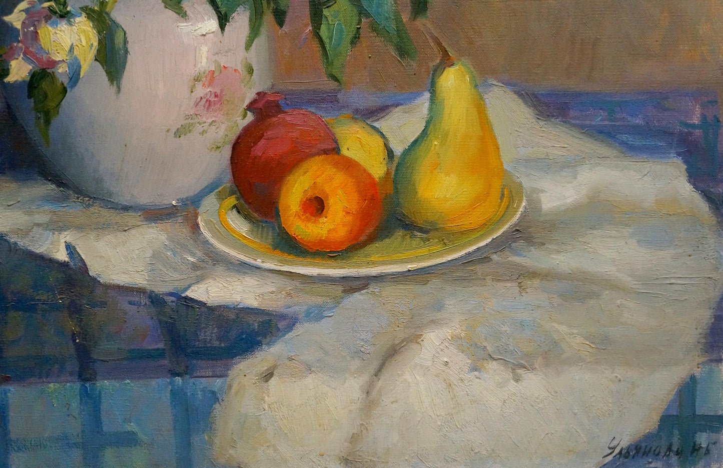 Oil painting by Ulyanova N.B.: white plate with pomegranate, orange, pears