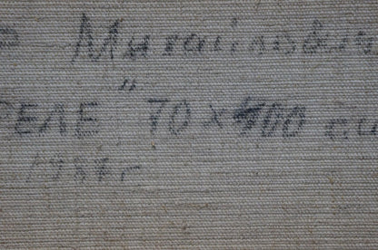 Back of Oil painting In April by Belsky Vladimir Mikhailovich on gray textured fabric