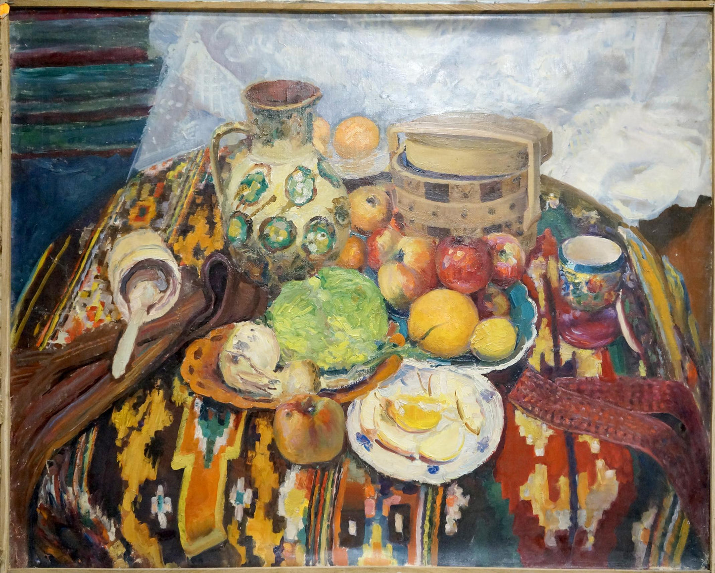 Vibrant patterned ceramic pitcher in oil painting still life with dinner on table