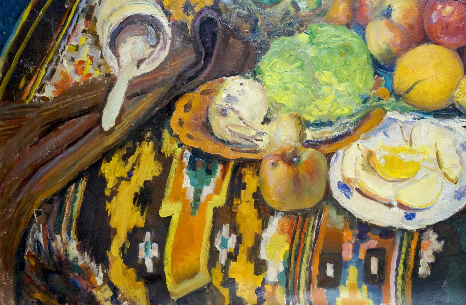 Oil painting still life with cabbage, apples on ornate yellow cloth