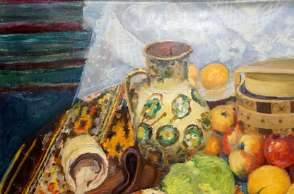 Oil painting still life: cream ceramic pitcher with green brown patterns
