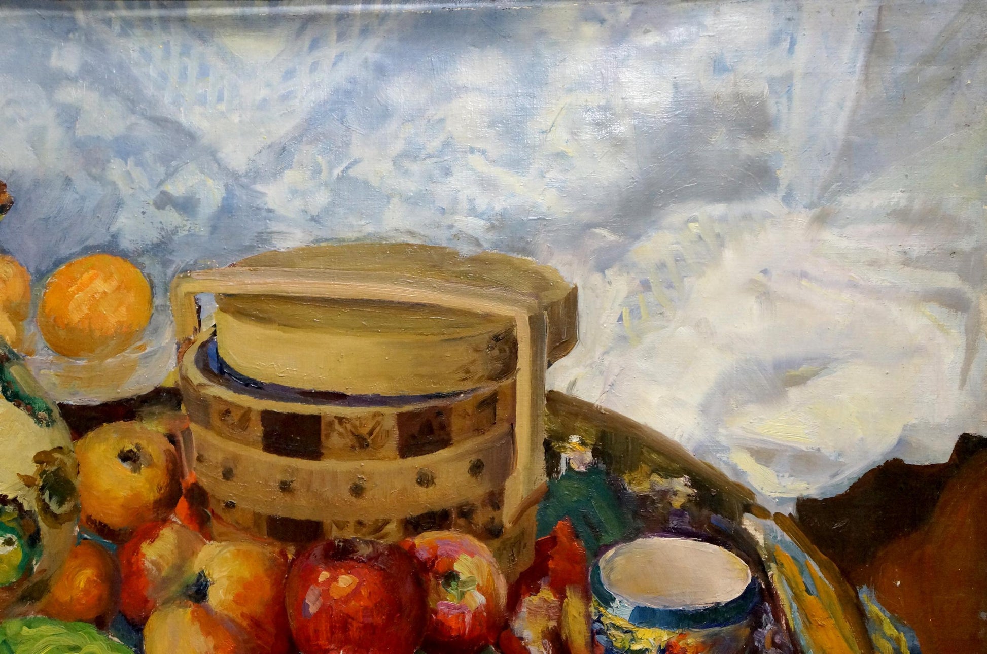 Oil painting of still life with bamboo steamer basket on table