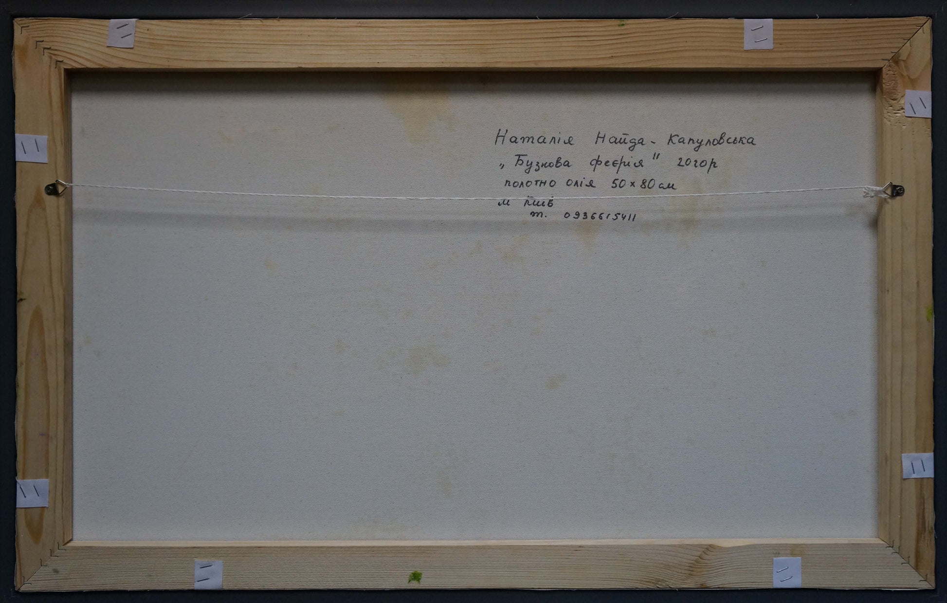 Back of abstract oil painting Still life by Natalia Naida Kapulovska with Cyrillic text