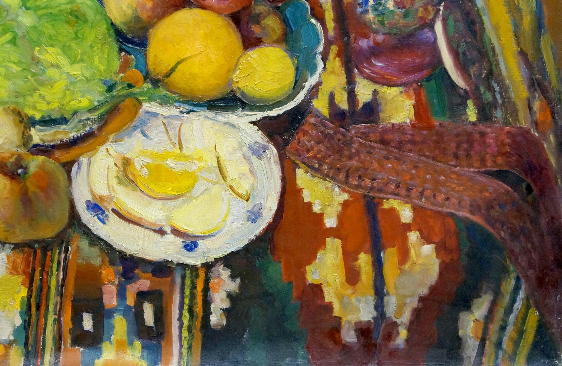 Oil painting of still life with sliced yellow fruit on blue-trim plate