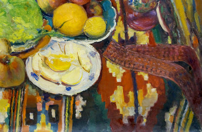 Oil painting of still life with sliced yellow fruit on blue-trim plate
