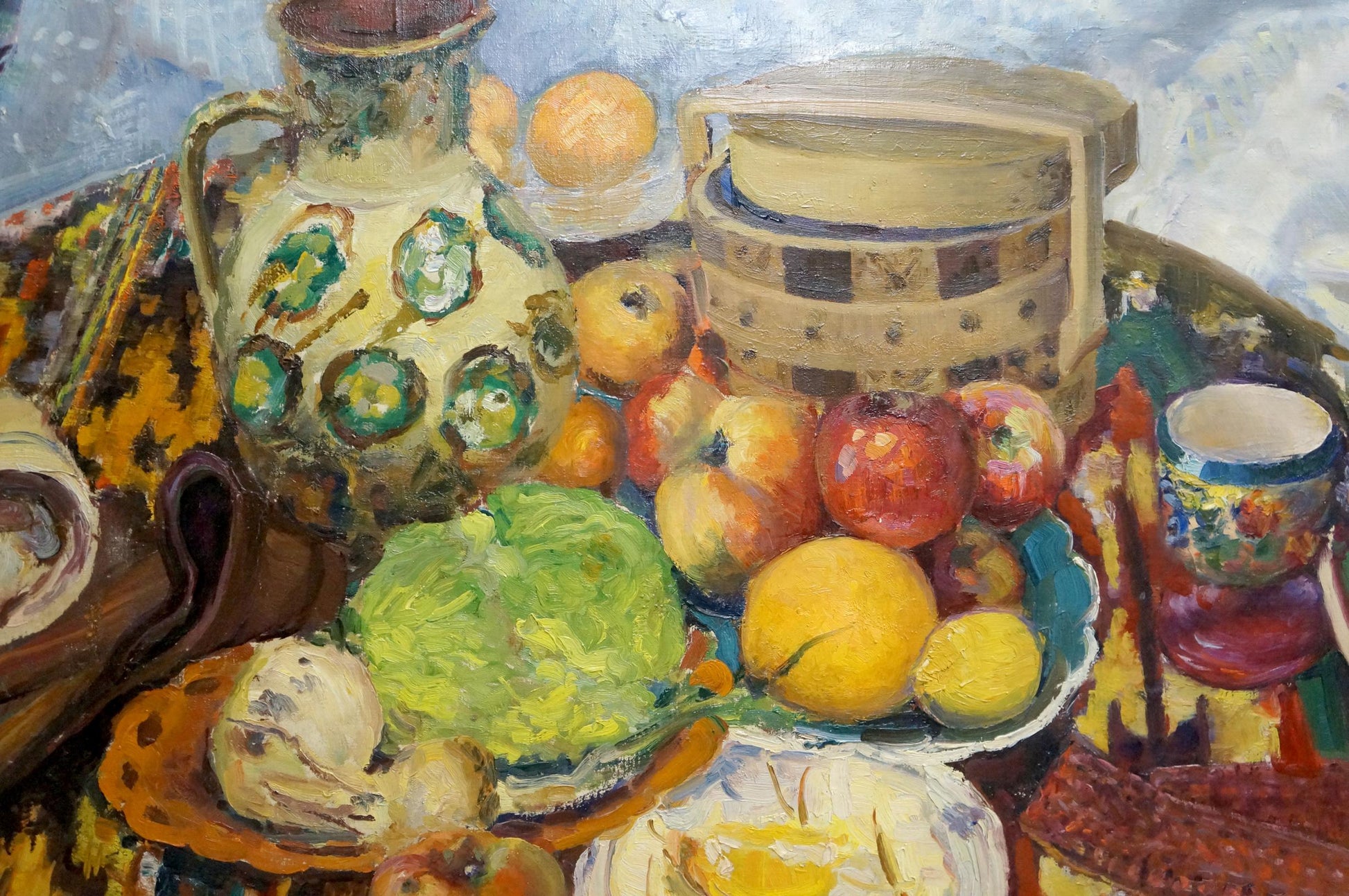 Oil painting still life with ceramic pitcher, green yellow floral pattern, lid
