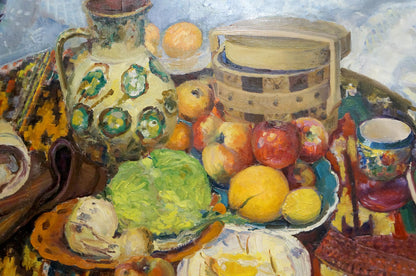 Oil painting still life with ceramic pitcher, green yellow floral pattern, lid