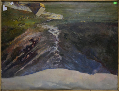 Framed oil painting of rugged coastal rocks, dark water, and snow base