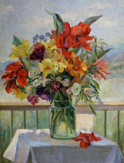 Oil painting of vibrant mixed flowers in green jar by Kotek Nina Vyacheslavovna