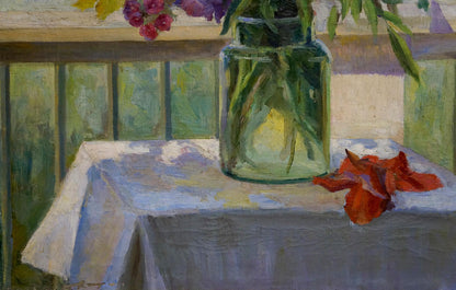Oil painting by Nina Vyacheslavovna Kotek of translucent green jar with purple pink flowers