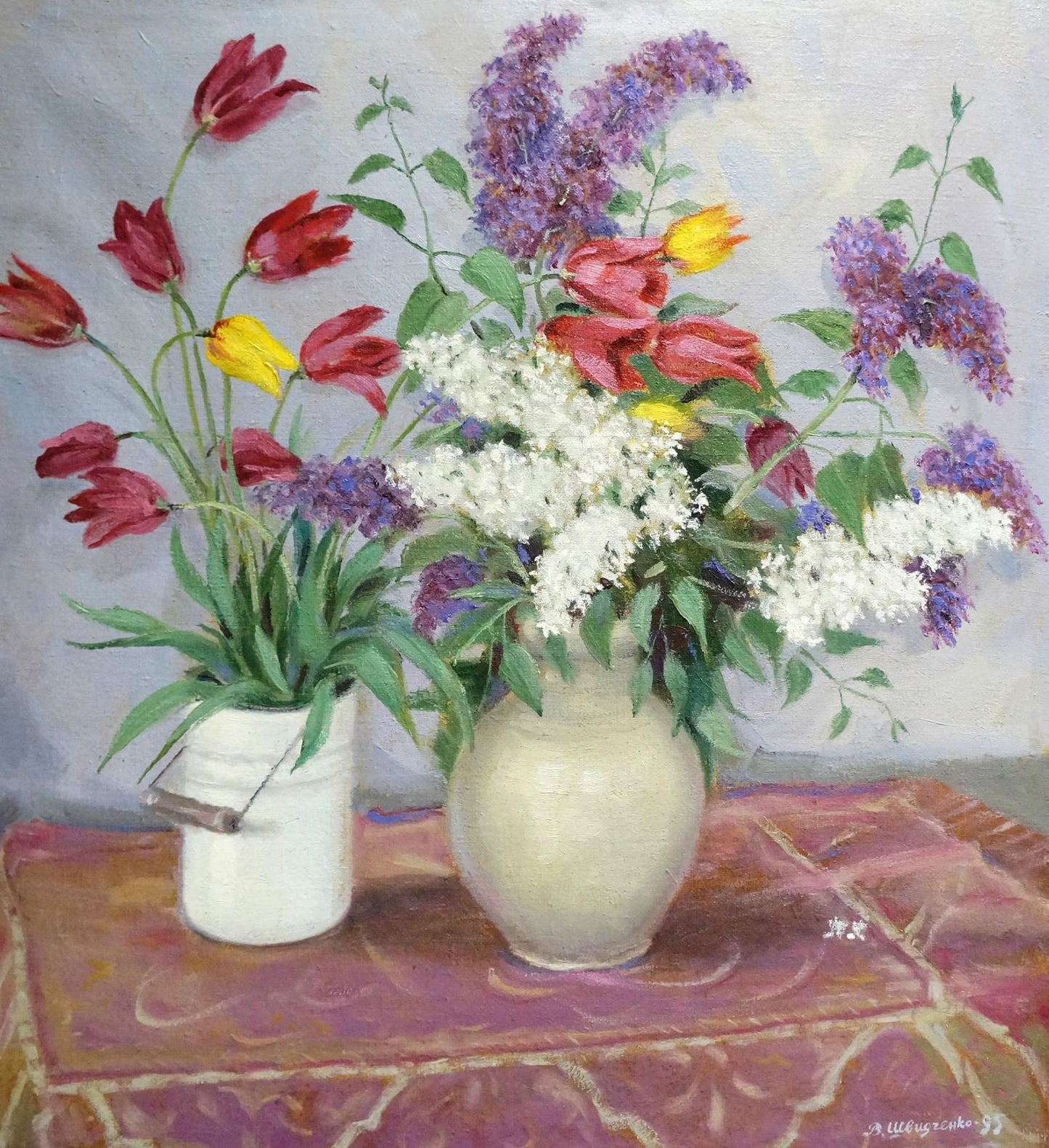 Oil painting Autumn flowers V. Shvidchenko with cream vase of red yellow purple bouquet