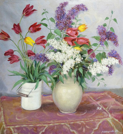 Oil painting Autumn flowers V. Shvidchenko with cream vase of red yellow purple bouquet