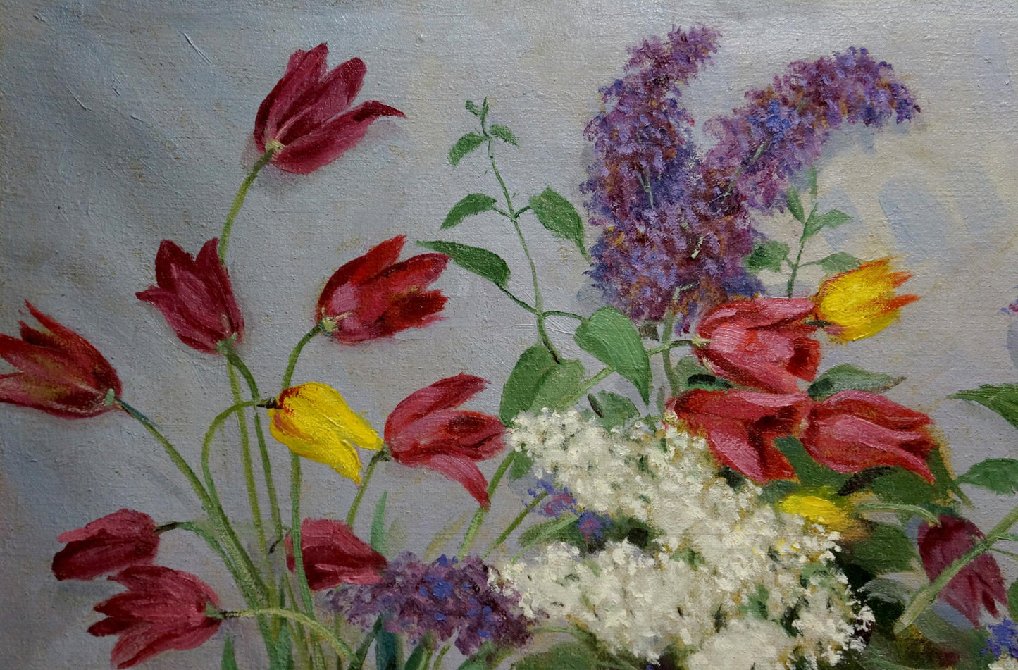 Oil painting Autumn flowers V. Shvidchenko: vibrant tulips and lilacs