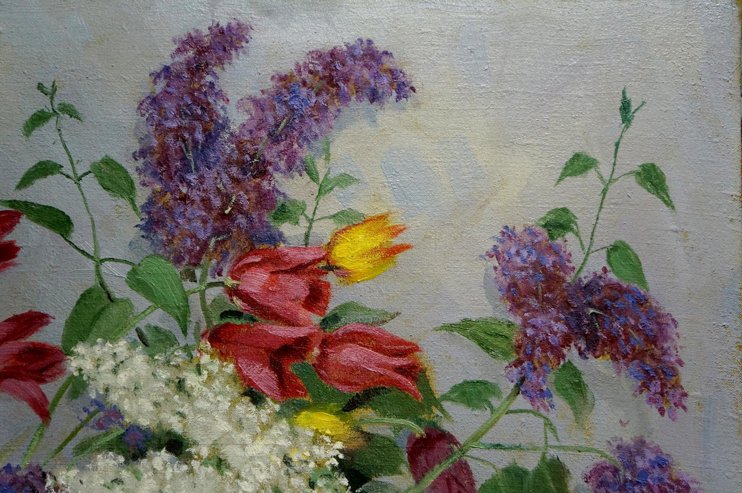 Oil painting Autumn flowers by V. Shvidchenko with lilacs, tulips, blossoms