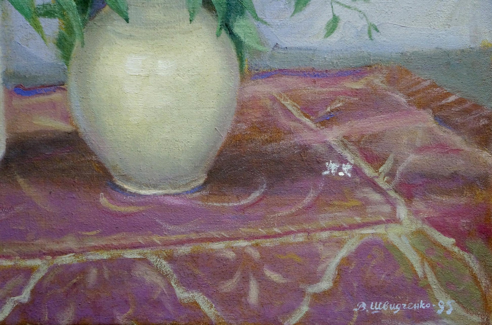 Cream-colored ceramic vase with green foliage in Oil painting Autumn flowers V. Shvidchenko