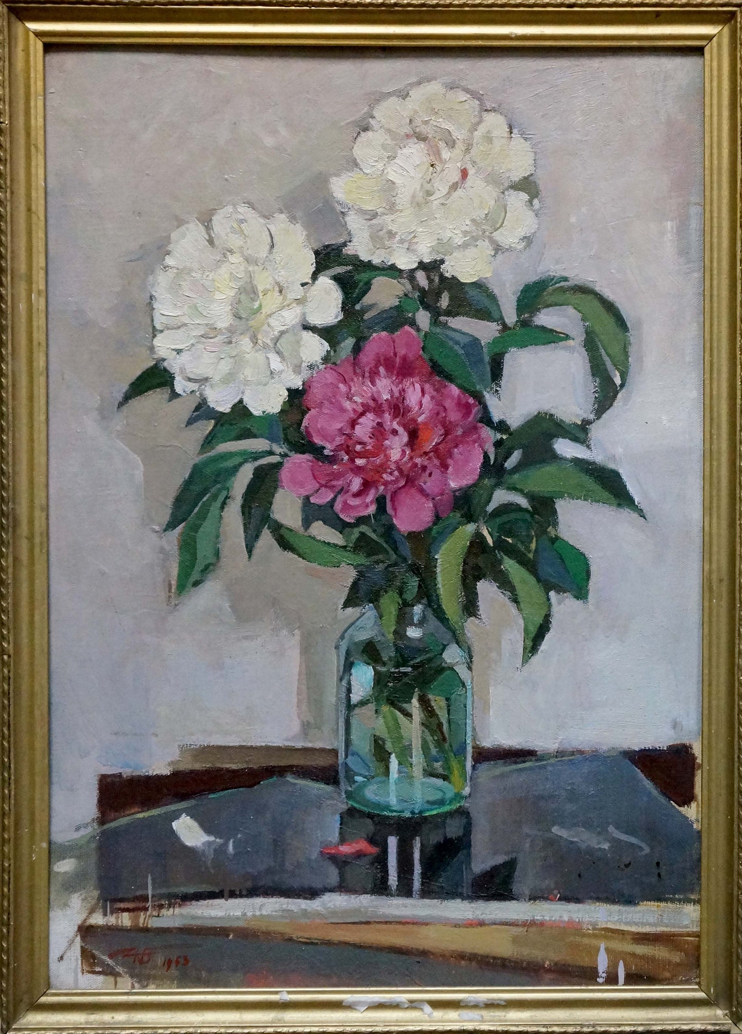 Vibrant oil painting of white pink peonies in glass jar by Buryachok Nikolay Ivanovich