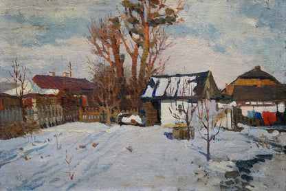 Impressionistic oil painting The yard is covered with snow by Vladimir Belyak